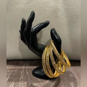 Set of 4 Gold-Tone Textured Bangle Bracelets - Sparkle & Filigree Design